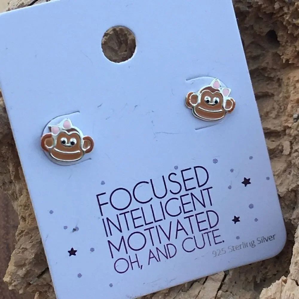 Girls sterling silver epoxy monkey earrings